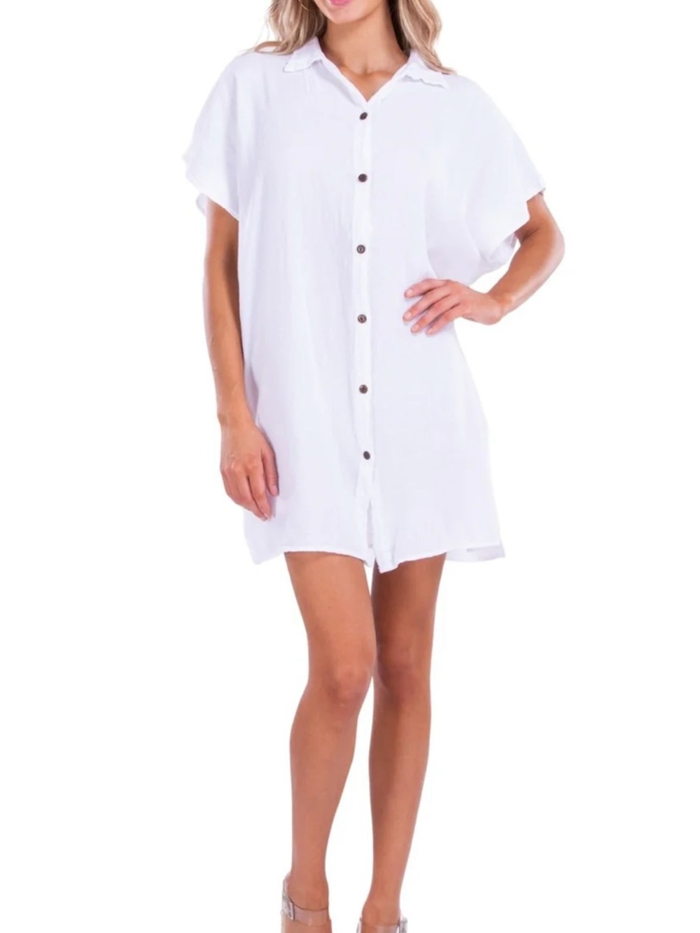 Seaspice Annamarie Button Up White Peruvian Cotton Tunic Mini Dress SIZE LARGE